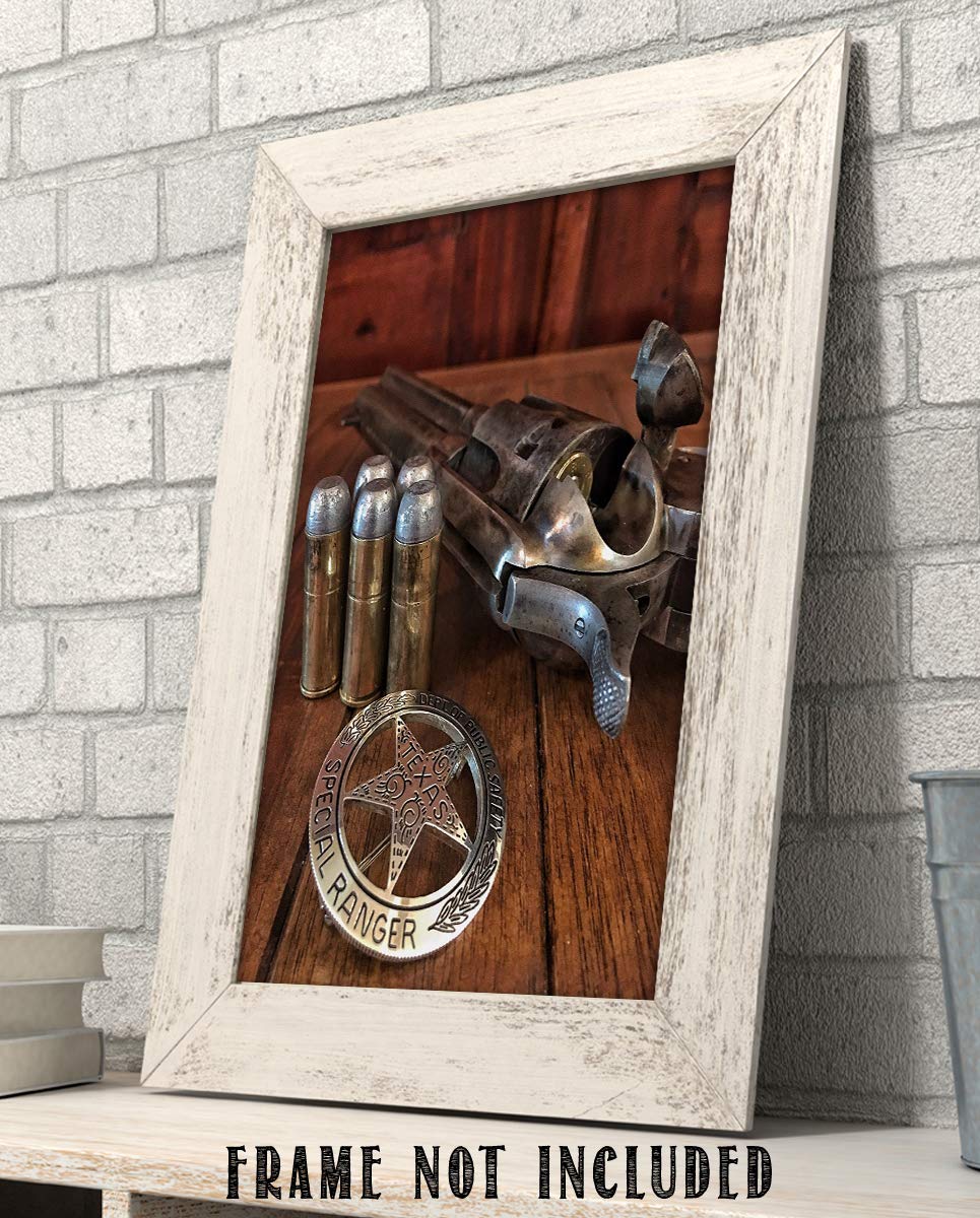 Texas Ranger Badge, Bullets &amp; Revolver- Western Photo Print- 8 x 10" Wall Art-Ready to Frame. Retro Western Decor for Home-Office-Garage-Man Cave-Bar. Perfect Collectible for Lawmen &amp; Outlaws.