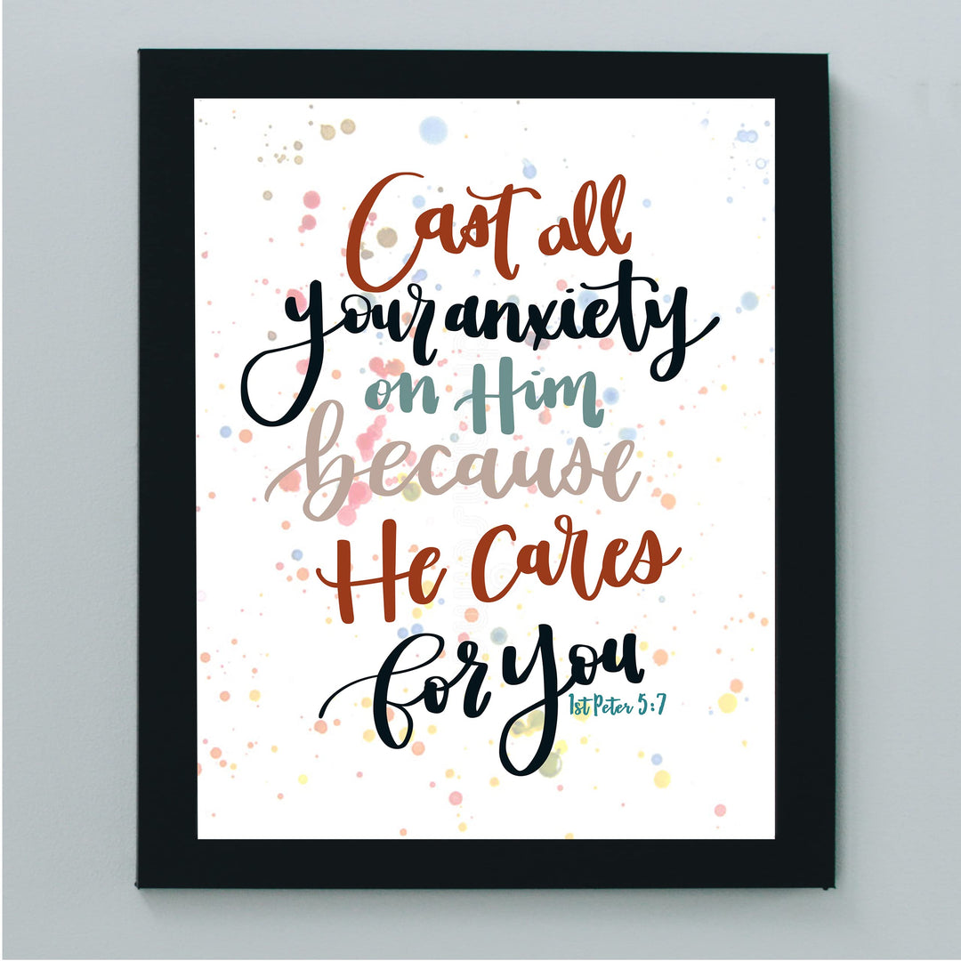 Cast All Your Anxiety On Him Bible Verse Wall Art Decor -8 x 10" Inspirational Christian Scripture Print -Ready to Frame. Religious Decoration for Home-Office-Church-School Decor. 1 Peter 5:7.