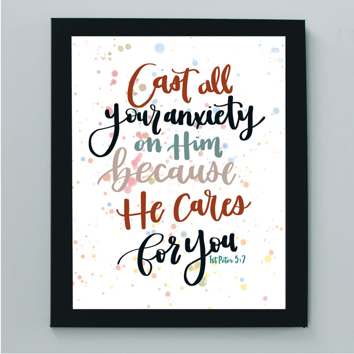 Cast All Your Anxiety On Him Bible Verse Wall Art Decor -8 x 10" Inspirational Christian Scripture Print -Ready to Frame. Religious Decoration for Home-Office-Church-School Decor. 1 Peter 5:7.