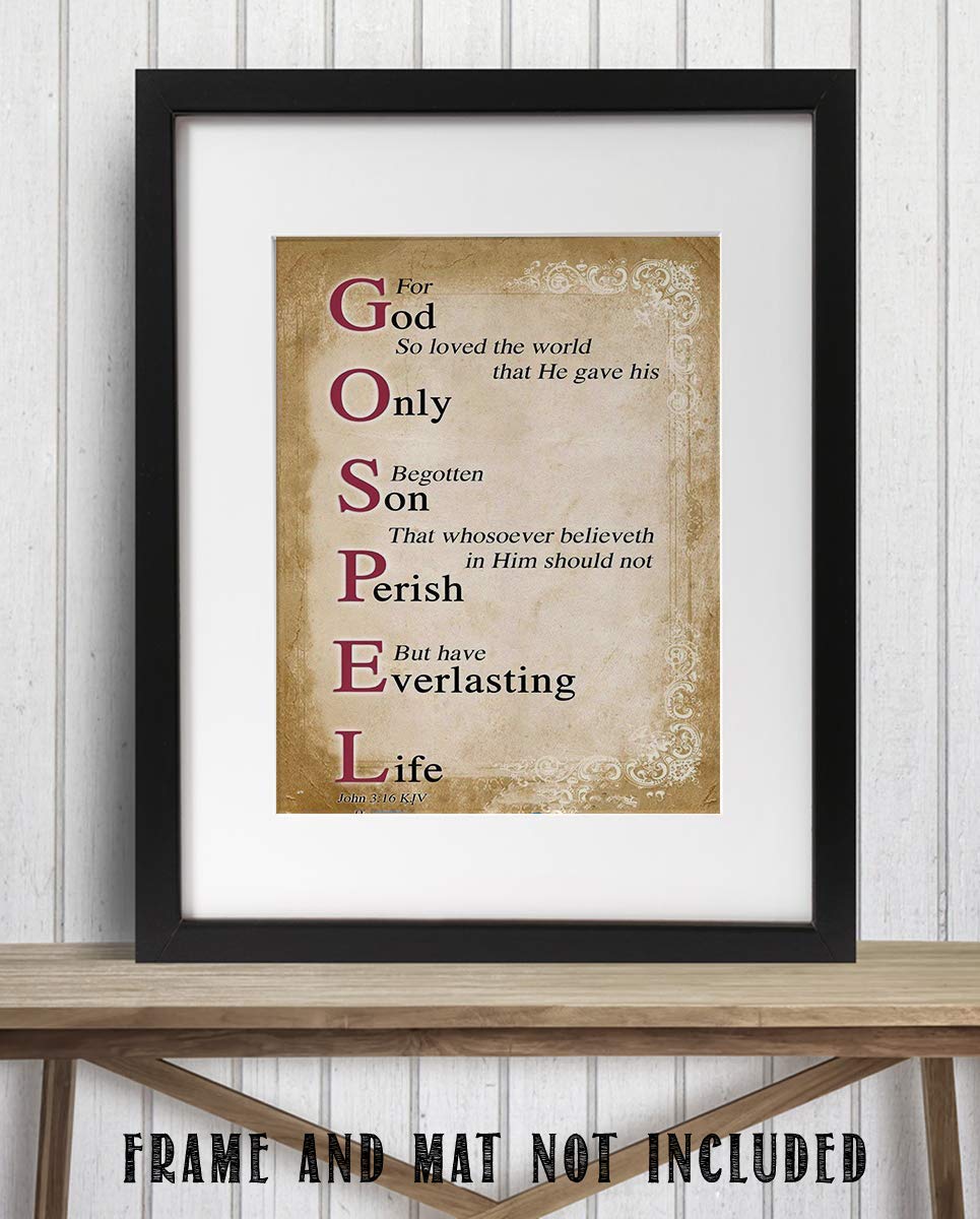 Gospel Sign- For God So Loved the World- John 3:16-Bible Verse Wall Art. 8 x 10"-Scripture Wall Print-Ready to Frame. Distressed Typographic-Parchment Design. Home-Office-Church D?cor. Best Verse!