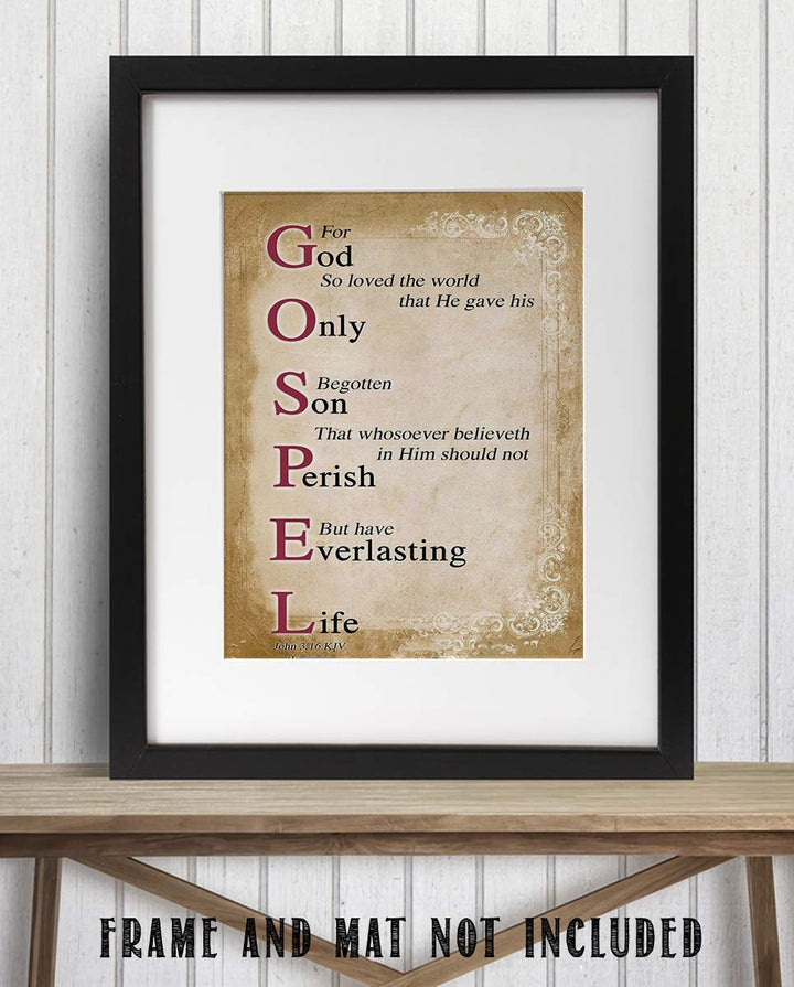 Gospel Sign- For God So Loved the World- John 3:16-Bible Verse Wall Art. 8 x 10"-Scripture Wall Print-Ready to Frame. Distressed Typographic-Parchment Design. Home-Office-Church D?cor. Best Verse!