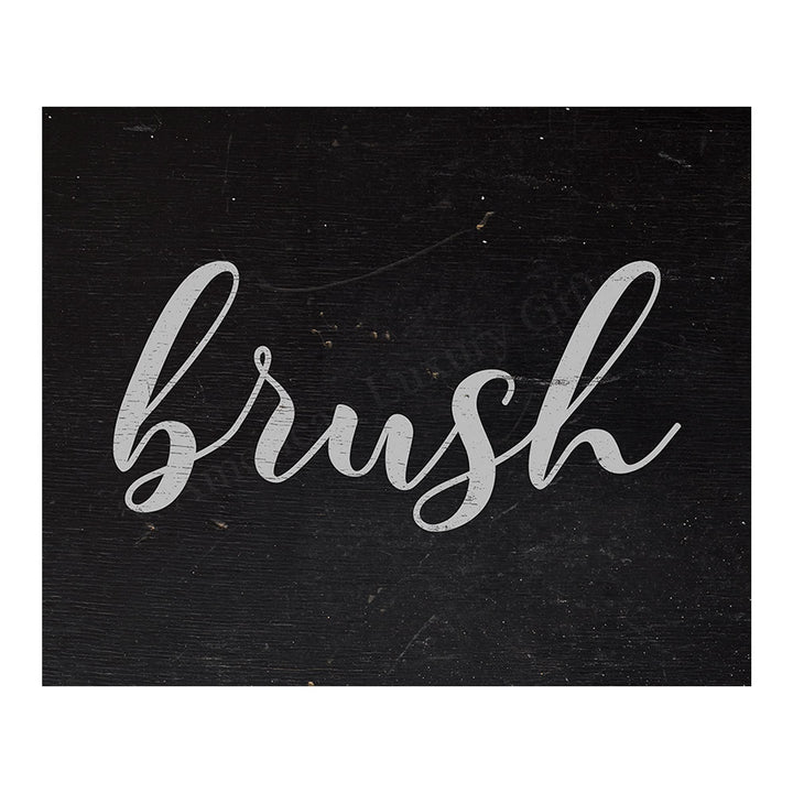 Floss-Brush-Flush-Wash Funny Bathroom Decor-Set of (4)-10 x 8" Typographic Wall Prints-Ready to Frame. Rustic Farmhouse Design. Humorous Signs-Fun Home-Guest Bathroom Decor! Printed on Photo Paper.
