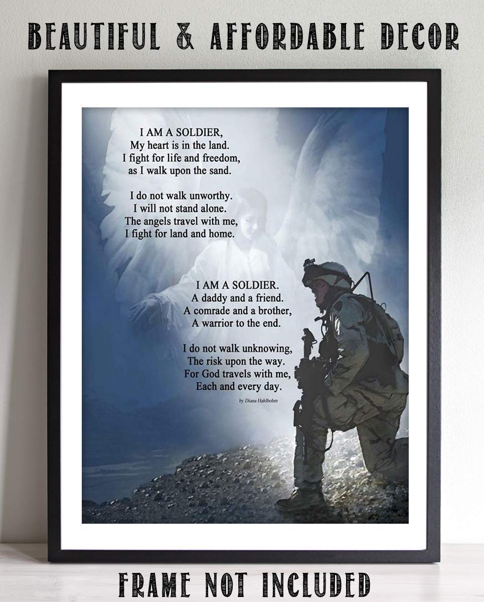 I Am a Soldier- Prayer Wall Art Print-8 x 10"-Ready to Frame. Soldier Kneeling w/Angels Protection. Home- Office D?cor- Christian Gifts. Inspiring & Encouraging Quotes for All Military & Family.