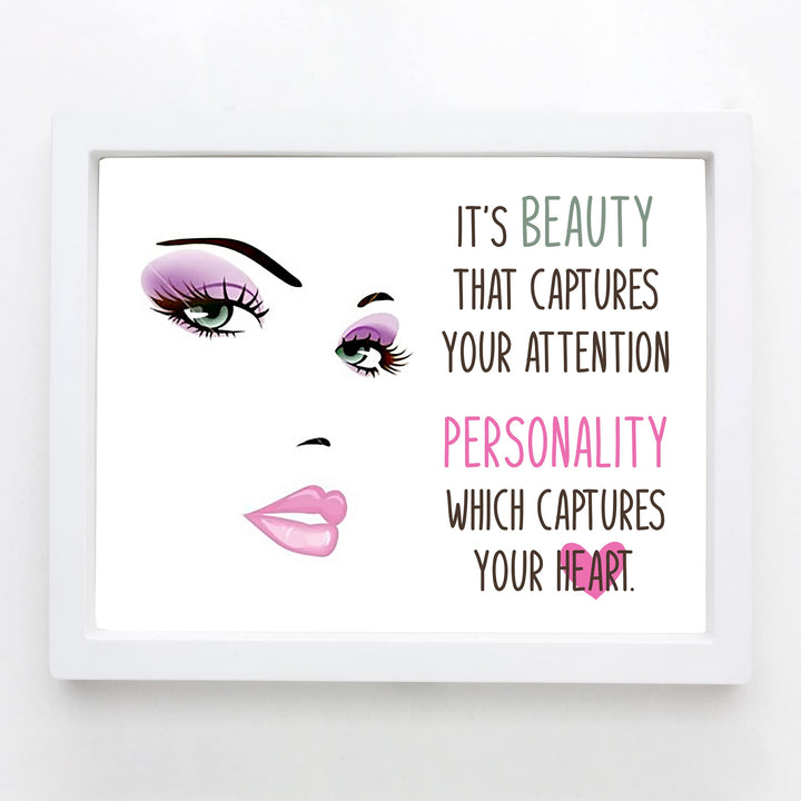 Beauty Captures Your Attention- Inspirational Quotes Wall Art -10 x 8" Makeup Face Silhouette Print -Ready to Frame. Home-Girls Bedroom-Studio-Salon Decor. Inspire Confidence in Teens &amp; Women!