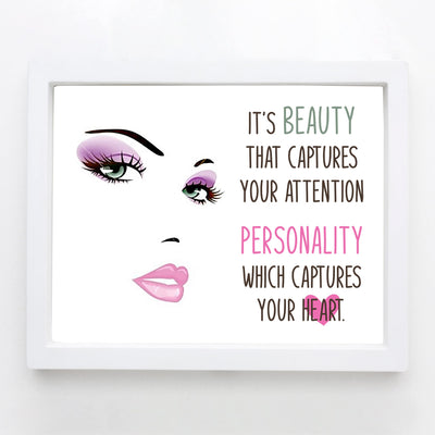 Beauty Captures Your Attention- Inspirational Quotes Wall Art -10 x 8" Makeup Face Silhouette Print -Ready to Frame. Home-Girls Bedroom-Studio-Salon Decor. Inspire Confidence in Teens & Women!