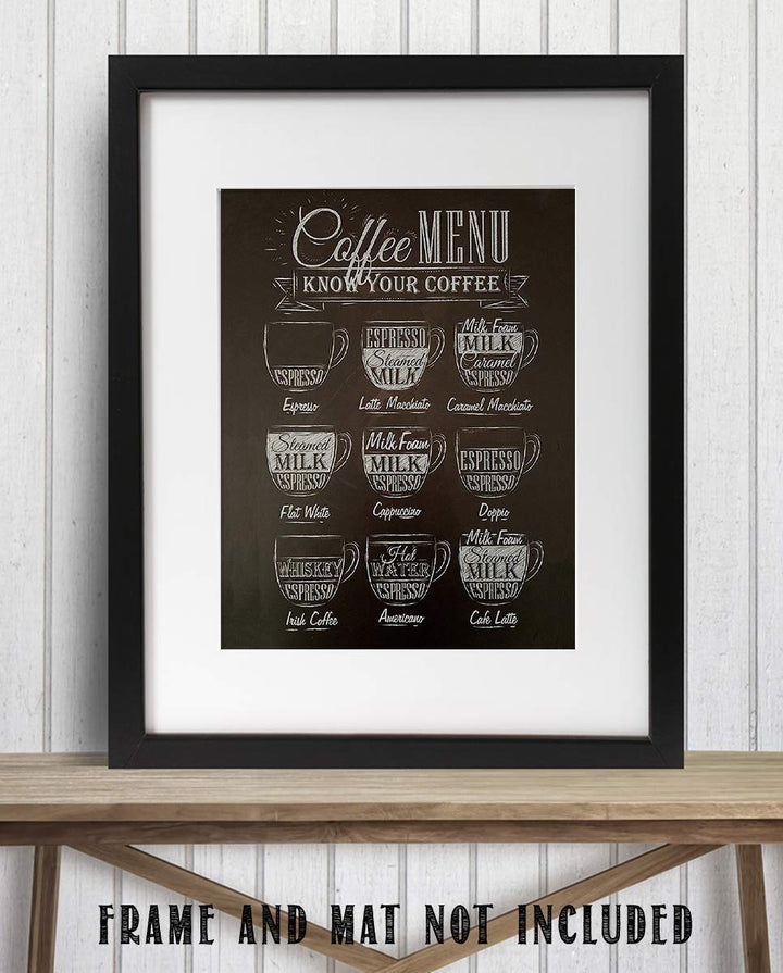 Coffee Menu- Know Your Coffee- Chalk Coffee Sign Replica- 8 x 10"s Print Wall Art- Ready to Frame. Home D?cor-Coffee Decor-Kitchen Wall Decor. Perfect For Coffee Bar and Gift for the Coffee Lovers.