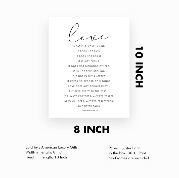 "Love is Patient &amp; Kind"- Christian Bible Verse Wall Art Decor -Scripture Typography Print- Ready to Frame. Home-Office Decor. Perfect Wedding &amp; Anniversary Gift! 1 Corinthians 13:4–8.