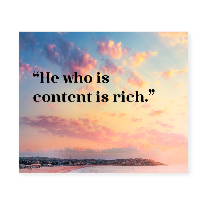He Who Is Content Is Rich- Inspirational Quotes Wall Art -10 x 8"- Beach Sunset Picture Print -Ready to Frame. Spiritual Decor for Home-Office-School-Ocean Themes. Great Reminder to Be Grateful!