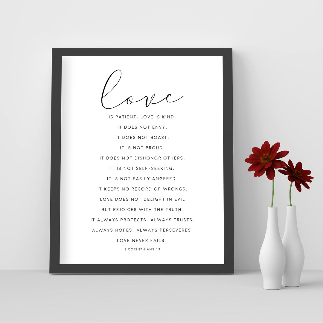 "Love is Patient &amp; Kind"- Christian Bible Verse Wall Art Decor -Scripture Typography Print- Ready to Frame. Home-Office Decor. Perfect Wedding &amp; Anniversary Gift! 1 Corinthians 13:4–8.