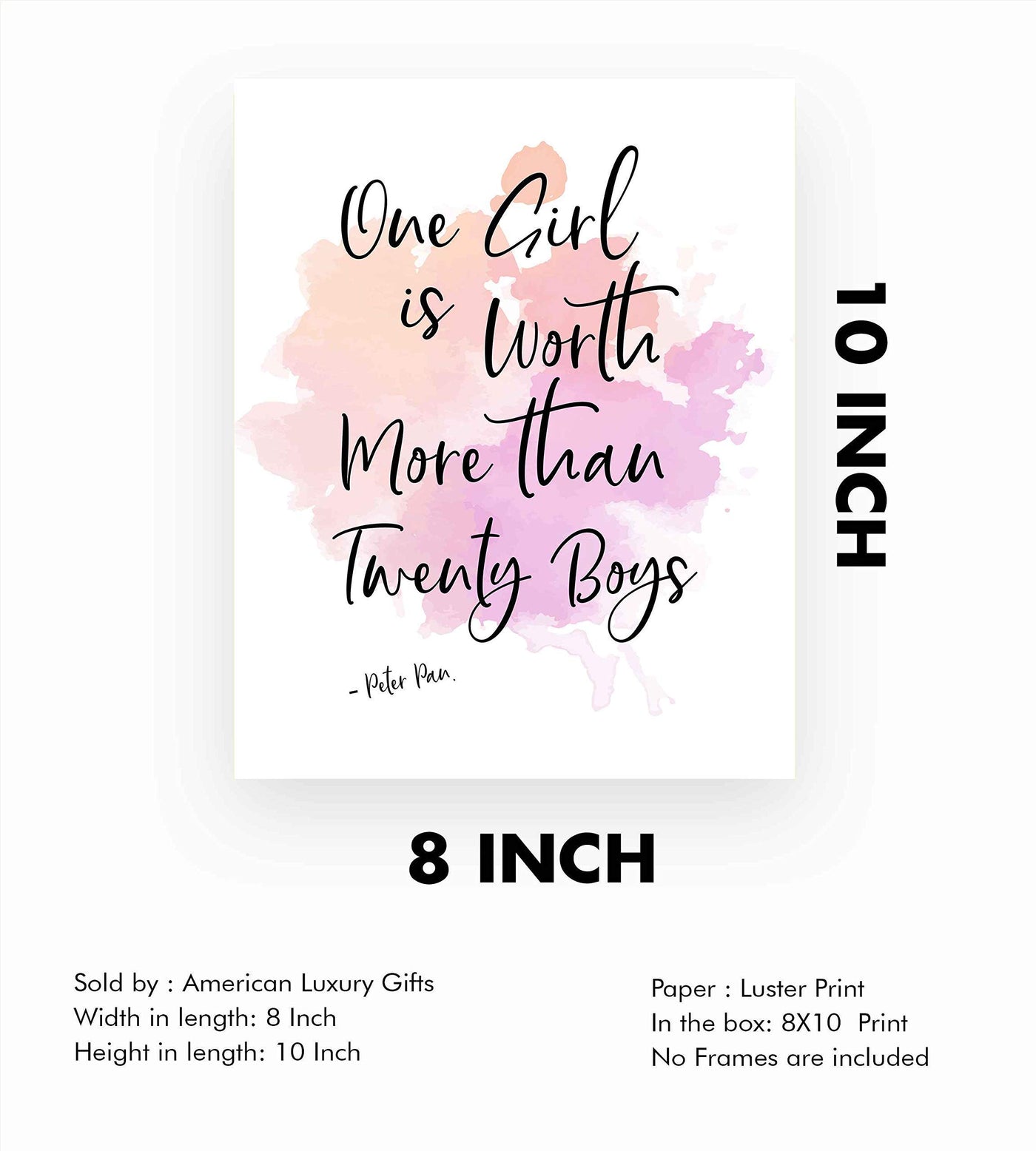 Peter Pan Quotes Wall Art-"One Girl Is Worth Twenty Boys" -8 x 10" Inspirational Typographic Art Print-Ready to Frame. Perfect Decor for Home-Bedroom-Nursery. Great Gift for All Disney Fans!