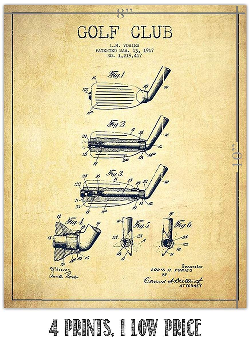 Golf Patent Prints Set of 4-"Golf Ball-Tee &amp; Clubs" - 8 x10&