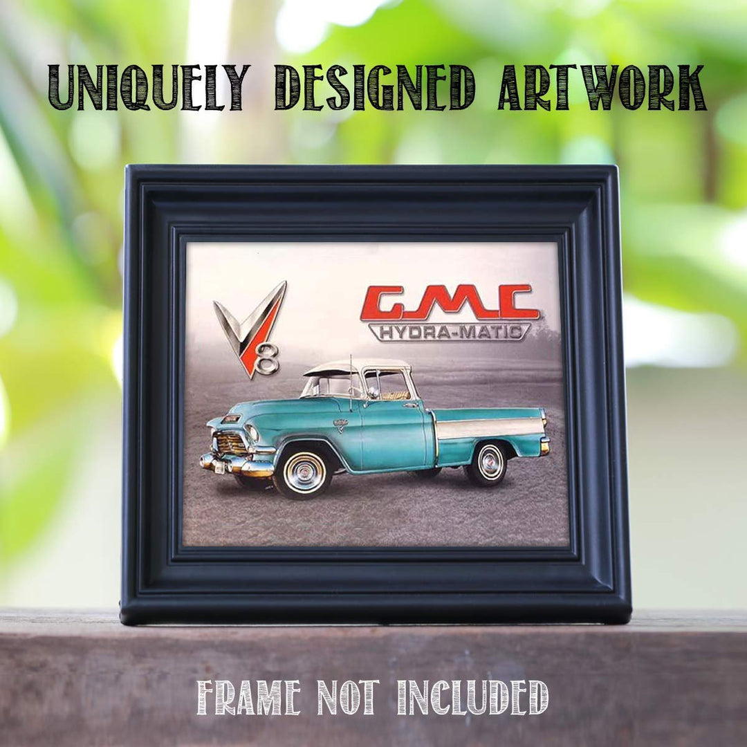 GMC Hydramatic Truck Sign Print- 8 x10" Wall Decor Image- Ready To Frame. Retro Sign Replica. Gifts for Men-Home Decor-Office Decor. Perfect for Man Cave-Game Room-Garage.