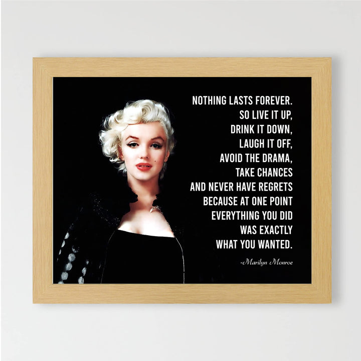 Marilyn Monroe Quotes-"Nothing Lasts Forever-Never Have Regrets"-Inspirational Wall Art-10 x 8" Retro Photo Print- Ready to Frame. Perfect Home-Office-Studio Decor. Great Gift &amp; Reminder for Fans!
