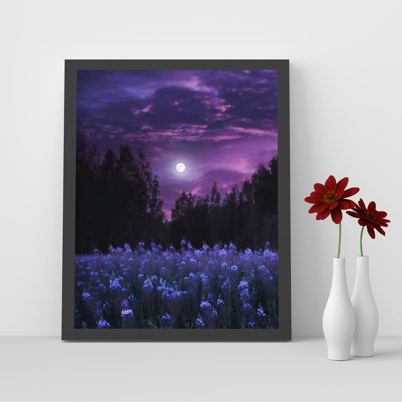 Moon in Lavender Field Inspirational Wall Art -8 x 10" Purple Full Moon Over Flower Field Picture Print -Ready to Frame. Home-Office-Living Room Decor. Perfect for Nature Themes & Relaxing Prints.