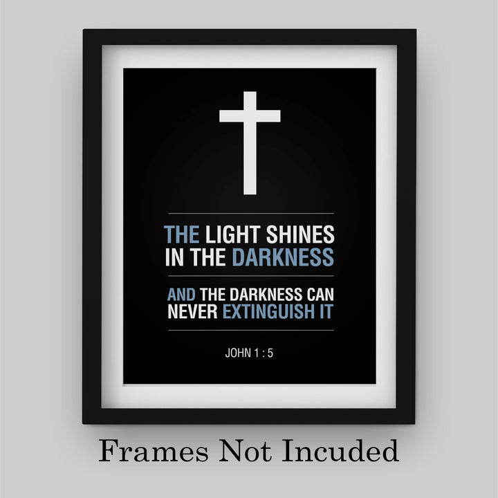 John 1:5-"The Light Shines in the Darkness"-Bible Verse Wall Art Sign-8 x 10" Scripture Poster Print with Cross Image-Ready to Frame. Religious Home-Office-Church D?cor. Perfect Christian Gift!