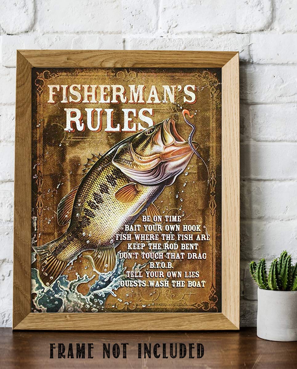 Fisherman's Rules- Rustic Fishing Sign Print-8 x 10" Wall Art Print-Ready to Frame. Distressed Sign Replica Print-Bait Own Hook-BYOB- Guests Wash Boat. Perfect Wall Decor for Home-Cabin-Lodge-Lake.