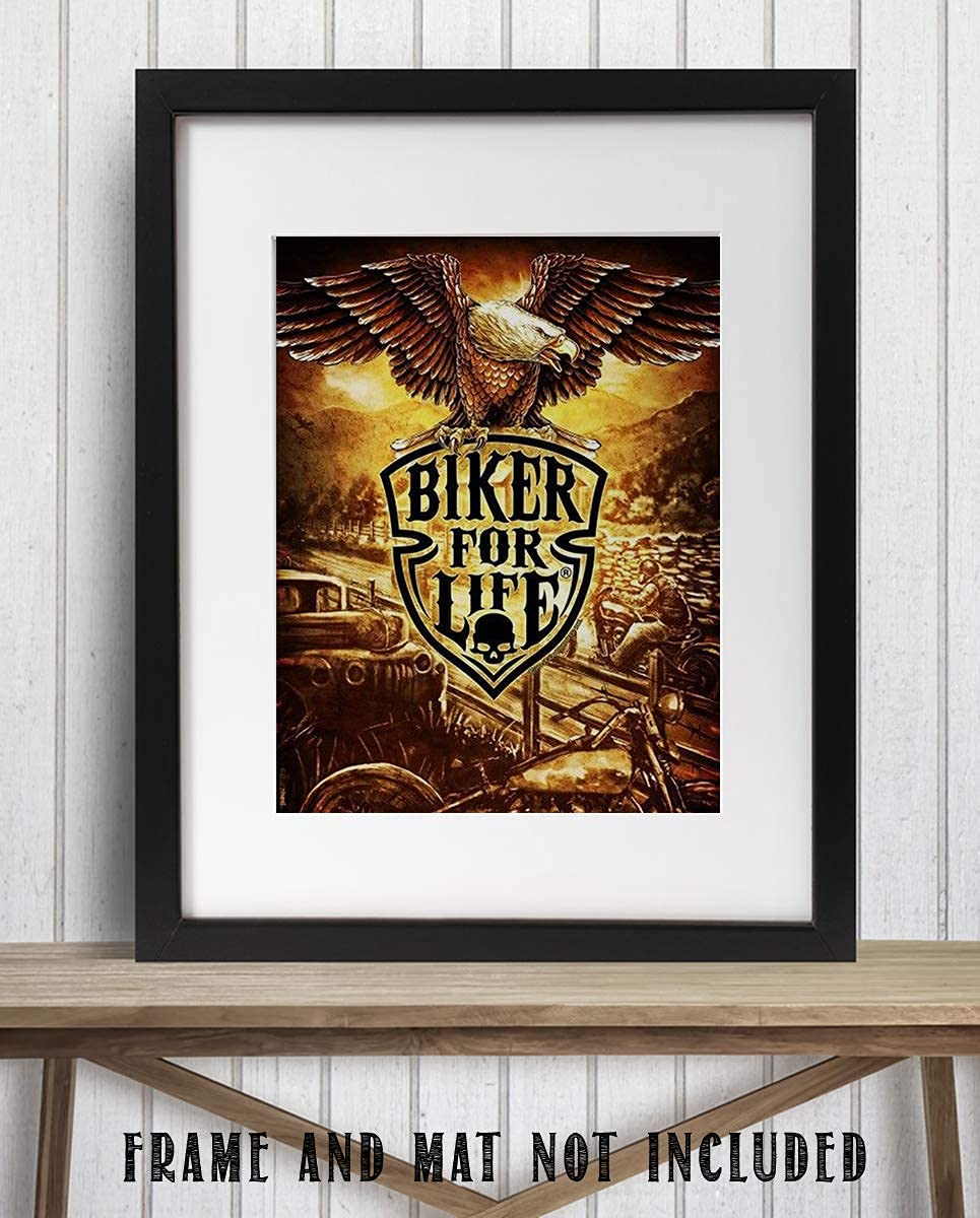 Biker for Life- Wall Art Print- 8 x10 Retro Wall Decor Design w/Eagle & Motorcycles- Ready To Frame. Harley Davidson-Motorcycle Gifts. Home Decor-Office Decor. Perfect Gift for Man Cave-Bar-Garage.