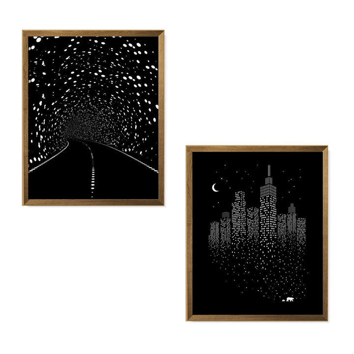 Illusive Road to Minimal City- Optical Illusion Prints Set (2) 8 x 10"- Abstract Wall Art-Ready to Frame. Modern Home-Studio-Office-Dorm D?cor. Very Cool Gift for Illusion Art Fans.