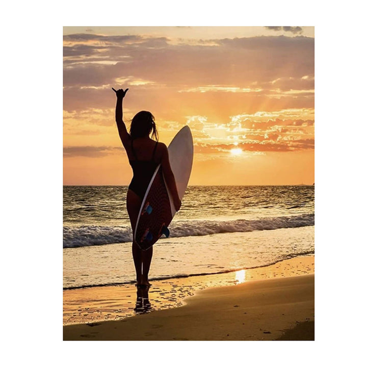 Mahala Surfer Girl-"Hang Loose"-Beach Sunset Image-8 x 10" Wall Art Print-Ready to Frame. Modern Home-Office-Studio-Beach House D?cor. Perfect Wall Print for Beach, Ocean and Surfing Themes!