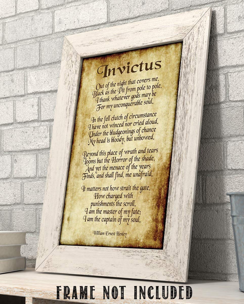 Invictus by William Henley-Poetry Wall Art- 8 x 10" Wall Print Decor. Scripted Font Poem on Replica Distressed Parchment Print-Ready To Frame. Home-Bedroom-Office Decor. Great Gift for Poetry Fans!