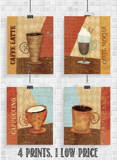 Coffee Fine Art Wall Set of (4)- 8 x 10"s Wall Art Prints- Ready to Frame. Latte, Espresso, Cappuccino & Mocha Home D?cor, Coffee Decor & Kitchen Wall Decor. Perfect For Coffee Lovers & Coffee Bars.