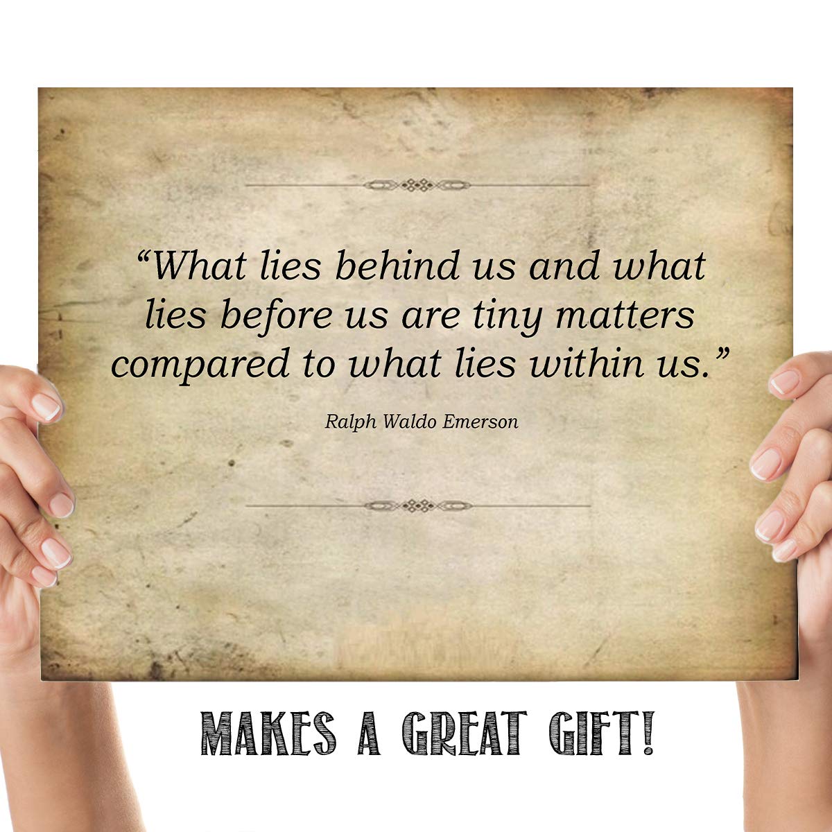 Ralph Waldo Emerson Quotes-"What Lies Behind-Before-Within Us"-10 x 8" Poetic Wall Art. Distressed Parchment Print-Ready To Frame. Retro Home-Office-Study-School Decor. Great Art Gift for Poetry Fans.