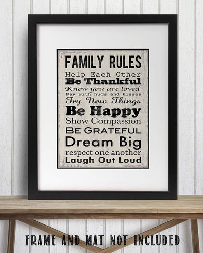 Family Rules Sign-"Be Thankful-Happy-LOL"- Wall Art- 8 x 10" Print Wall Decor-Ready to Frame. Distressed Sign Replica Print for Home. Great Reminders to Love, Appreciate & Respect. Great Sign for ALL!