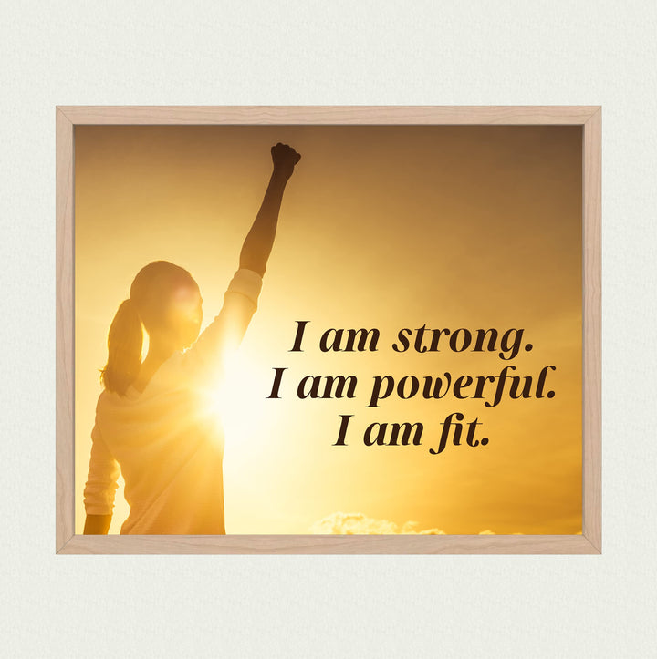 I Am Strong, Powerful, &amp; Fit Motivational Quotes Wall Art -10x8" Exercise &amp; Fitness Sunset Print -Ready to Frame. Inspirational Decor for Home-Office-School-Gym-Studio. Great Gift for Motivation!