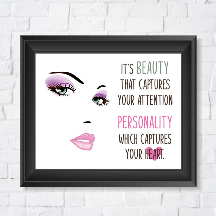 Beauty Captures Your Attention- Inspirational Quotes Wall Art -10 x 8" Makeup Face Silhouette Print -Ready to Frame. Home-Girls Bedroom-Studio-Salon Decor. Inspire Confidence in Teens &amp; Women!
