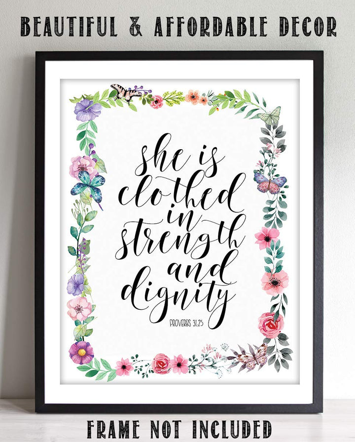 Proverbs 31 Woman-"Strength &amp; Dignity". Bible Verse Wall Art-8x10-Scripture Wall Art- Ready to Frame. Home D?cor-Christian Gifts. Inspirational &amp; Encouraging Verse- Perfect Gift For That Special Lady