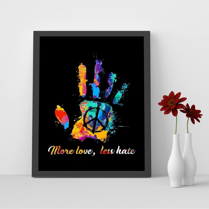 More Love, Less Hate Inspirational Quotes Wall Art -10 x 8" Abstract Painting Design Hand Print w/Peace Sign- Ready to Frame. Retro Decor for Home-Office-Studio-Dorm-Zen Decor. Great Reminder!