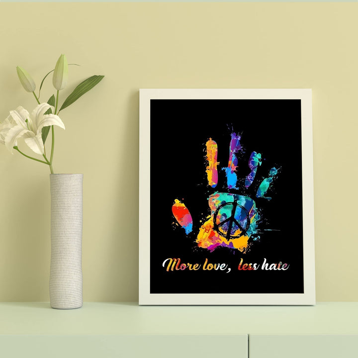 More Love, Less Hate Inspirational Quotes Wall Art -10 x 8" Abstract Painting Design Hand Print w/Peace Sign- Ready to Frame. Retro Decor for Home-Office-Studio-Dorm-Zen Decor. Great Reminder!