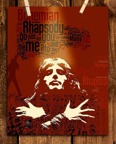 Freddie Mercury-"Bohemian Rhapsody" Abstract Word Art Print- 8 x 10 Wall Print- Ready To Frame- Queens Classic Song Poster. Home Decor-Studio-Bar-Man Cave Decor. Perfect Gift For All Rock Music Lovers