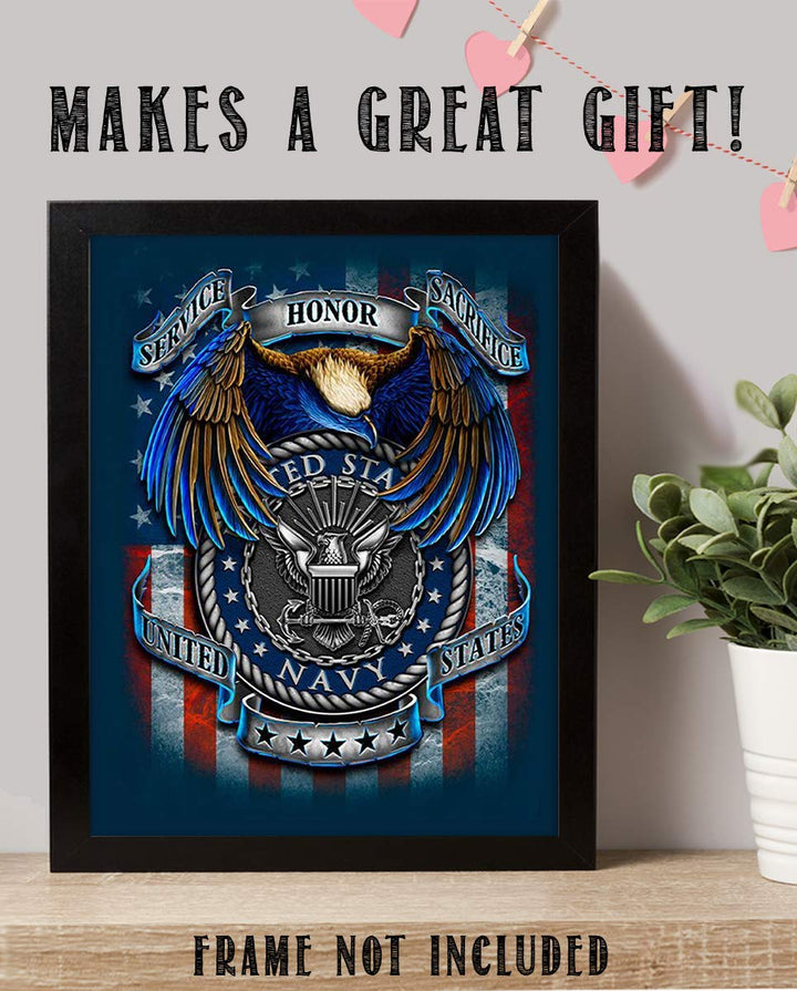 U.S. Navy Creed-SSS Poster Print- 8 x 10"- Naval Wall Art Prints-Ready To Frame-"Service-Honor-Sacrifice" Beliefs with Eagle &amp; Flag. Home-Office-Military Decor. Great Gift for Your Sailors!