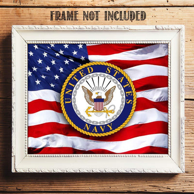 US Navy Emblem on USA Flag- 8 x 10"- Wall Art Prints- Ready To Frame- Official Navy Seal and Old Glory Proudly Waving-Replica Poster Prints. Home-Office-Military Decor. Display Your Pride & Respect.