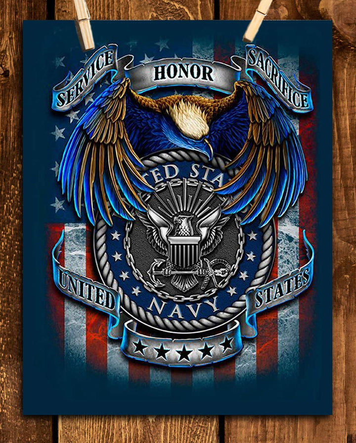 U.S. Navy Creed-SSS Poster Print- 8 x 10"- Naval Wall Art Prints-Ready To Frame-"Service-Honor-Sacrifice" Beliefs with Eagle &amp; Flag. Home-Office-Military Decor. Great Gift for Your Sailors!