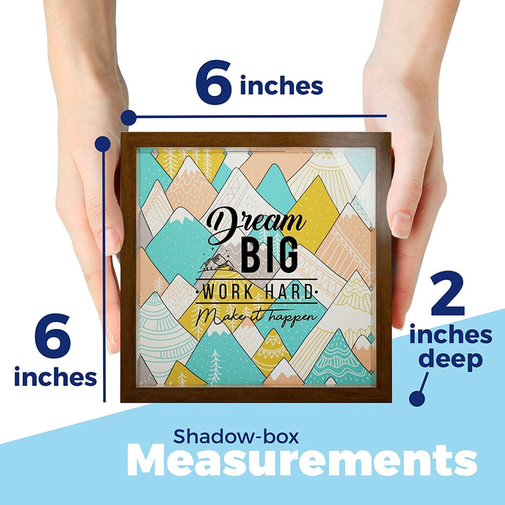 Dream Big Work Hard Motivational Gift Shadow Box Wall Decor -6x6x2" Wooden Themed Display Case - Keepsake Piggy Bank Gift for Home, Office, Bedroom Decor -Fun &amp; Unique Gift for Friends &amp; Family!