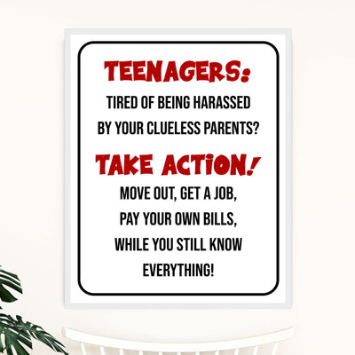 "Teenagers-Take Action, Get a Job" Funny Family Wall Sign -Sarcastic Art Print -Ready to Frame. Humorous Decoration for Home-Kids Bedroom-Teen Decor. Fun Gift -Accessories for Parents!