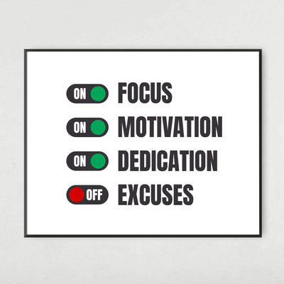 Turn On Focus-Motivation-Dedication Motivational Quotes Wall Art -14 x 11" Typographic Poster Print-Ready to Frame. Inspirational Home-Office-School-Dorm-Gym Decor. Great Sign-Turn Off Excuses!