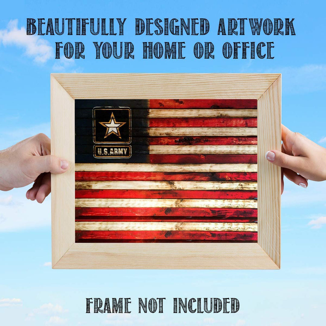 US Army Logo on USA Flag- Rustic Poster Print- 10 x 8"- Wall Art Prints- Ready To Frame- Distressed Flag Sign Replica Print. Home-Office-Military Decor. Display Your Pride &amp; Honor and Be Army Strong.