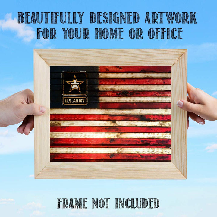 US Army Logo on USA Flag- Rustic Poster Print- 10 x 8"- Wall Art Prints- Ready To Frame- Distressed Flag Sign Replica Print. Home-Office-Military Decor. Display Your Pride &amp; Honor and Be Army Strong.