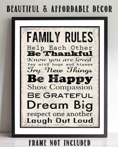 Family Rules Sign-"Be Thankful-Happy-LOL"- Wall Art- 8 x 10" Print Wall Decor-Ready to Frame. Distressed Sign Replica Print for Home. Great Reminders to Love, Appreciate & Respect. Great Sign for ALL!