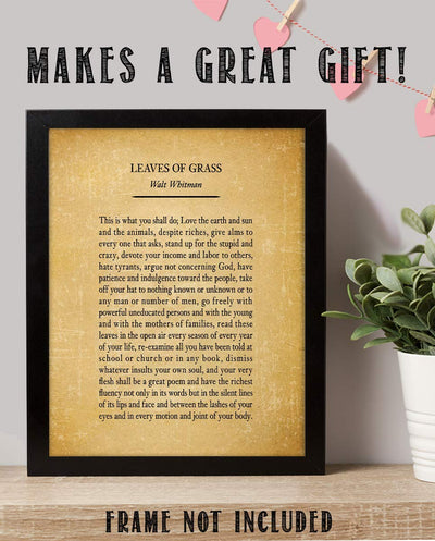 Leaves Of Grass- Walt Whitman Poem Page Print- 8 x 10" Poetic Wall Art. Distressed Parchment Print-Ready To Frame. Retro Home-Office-Study-School-Library Decor. Great Art Gift for Poetry Fans.