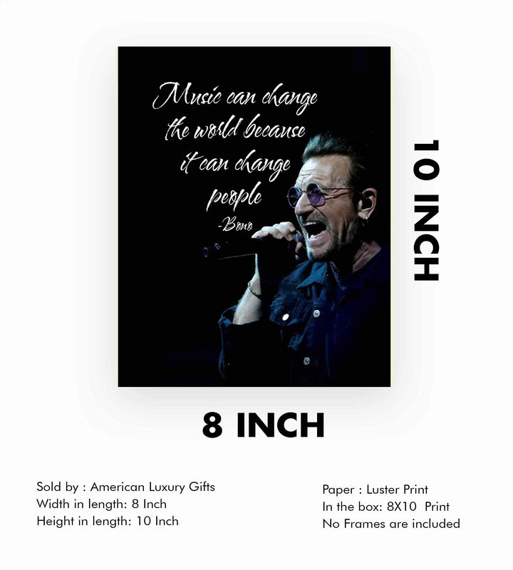 Bono-"Music Can Change the World-People"-Inspirational Quotes Wall Art-8 x 10" Retro Typographic Silhouette Print-Ready to Frame. Home-Office-Studio-Bar-Cave Decor. Perfect for U2 &amp; All Rock Fans!