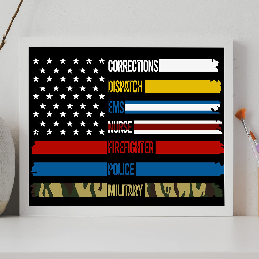 Military &amp; First Responders-Real American Heroes Patriotic Wall Art -14 x 11" Rustic American Flag Poster Print-Ready to Frame. Home-Office-Bar-Cave-School Decor. Show Your Respect! Great Gift!