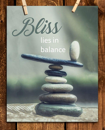 Bliss Lies in Balance- Motivational Wall Art Sign-8 x 10"- Modern Nature Photo-Graphic Print of Stacking Stones- Ready to Frame. Inspirational Home- Office- Classroom Decor. Great Reminder For All.