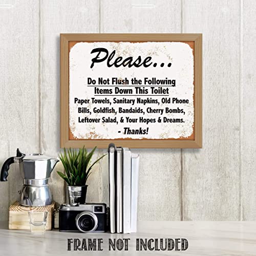 "Do Not Flush Down Toilet-Napkins, Bombs, Hope &amp; Dreams"- Funny Vintage Bathroom Sign- 8 x 10"