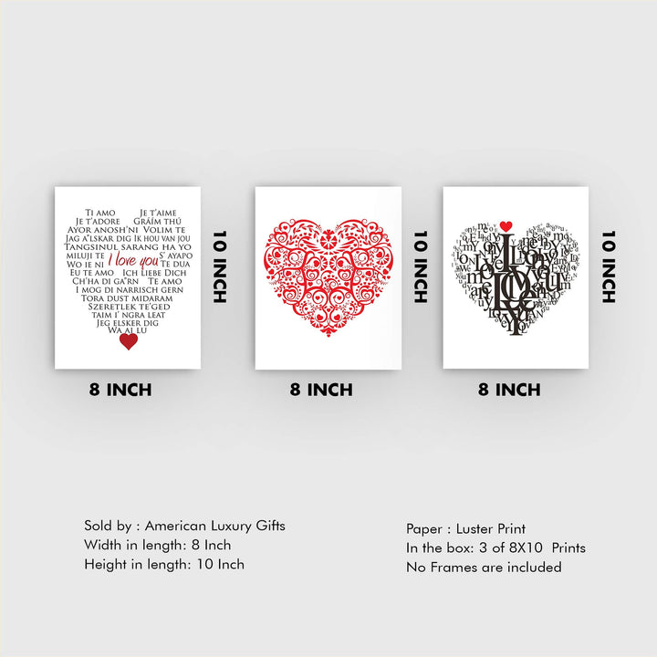 I Love You Trio- Word Art &amp; Floral Art Print Set of (3)-8 x10&