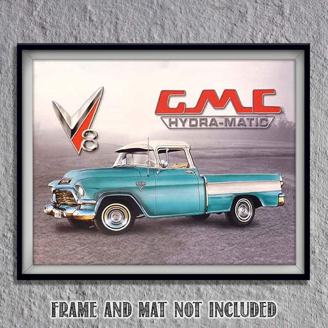 GMC Hydramatic Truck Sign Print- 8 x10" Wall Decor Image- Ready To Frame. Retro Sign Replica. Gifts for Men-Home Decor-Office Decor. Perfect for Man Cave-Game Room-Garage.