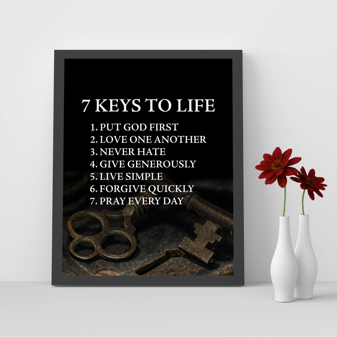 "7 Keys to Life" Inspirational Quotes Wall Sign -8 x 10" Motivational Christian Poster Print -Ready to Frame. Vintage Decor for Home-Office-Classroom-Church. Perfect Life Lessons for All!